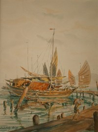 Lot 161 - Harbour Scene With Boats And Figures By Abdullah Ariff